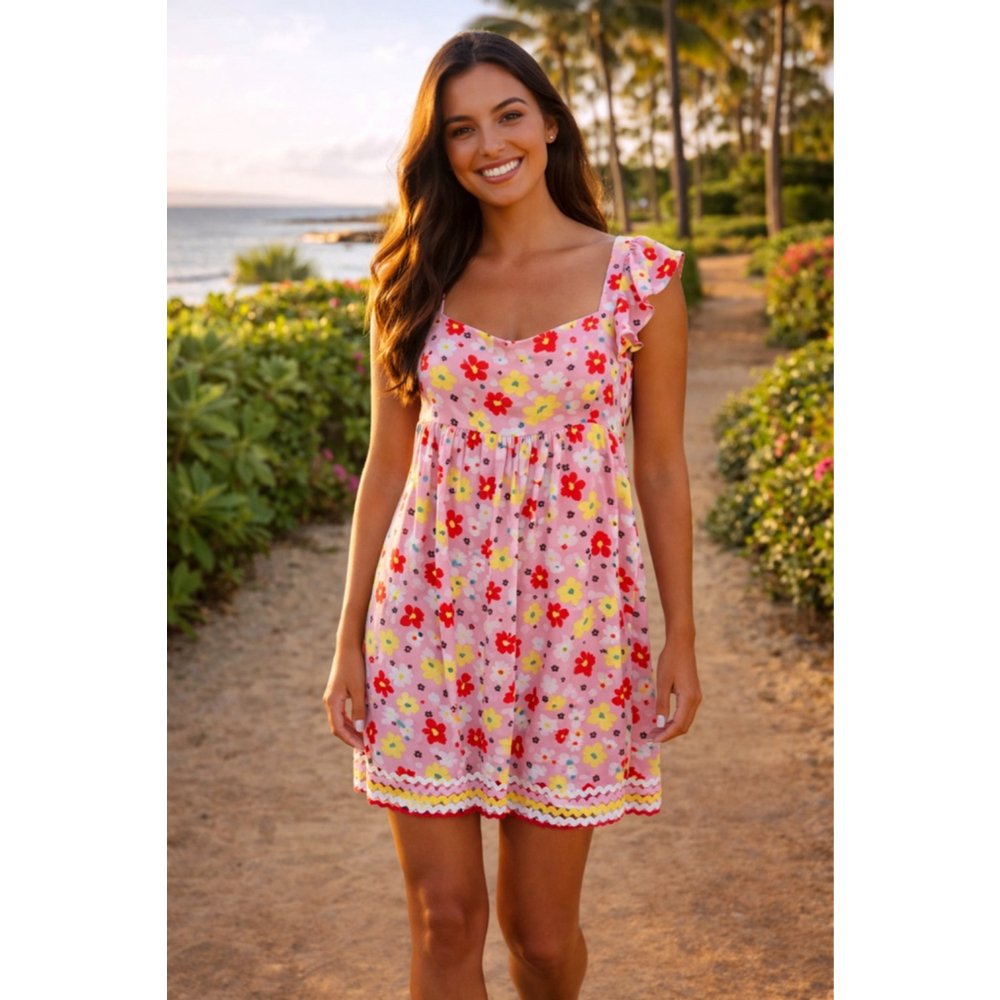Emily Wonder Floral Mini Dress Bright Feminine Ruffle Sleeve Quiet Luxury Boho S
